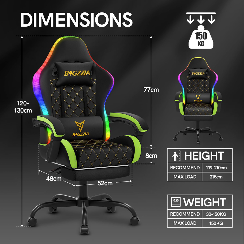 Rattrix Green Reclining RGB Gaming Chair with LED Lights and Footrest Image 8