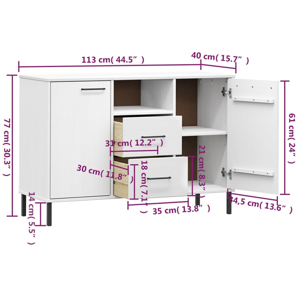 vidaXL Oslo 2 Door 2 Drawer Single Shelf White Solid Pine Wood Sideboard Image 9