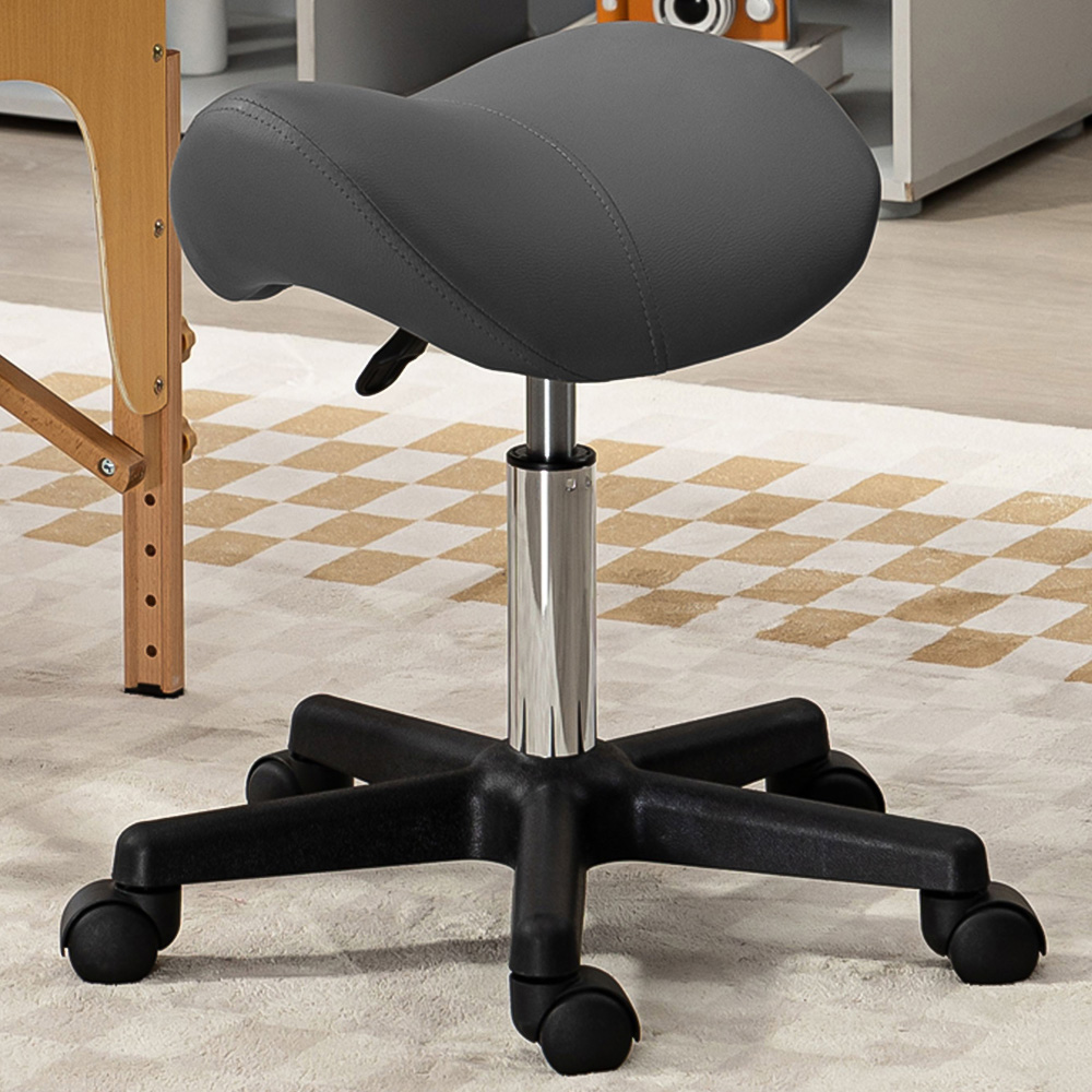 Portland Grey Adjustable Rolling Salon Saddle Stool Image 1