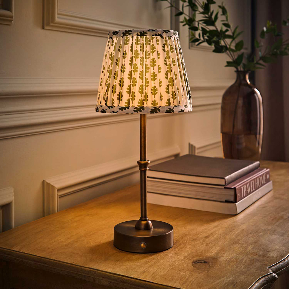 ValueLights Lowe Green Ditsy Floral Pleated Shade Brass Rechargeable Table Lamp with Bulb Image 2