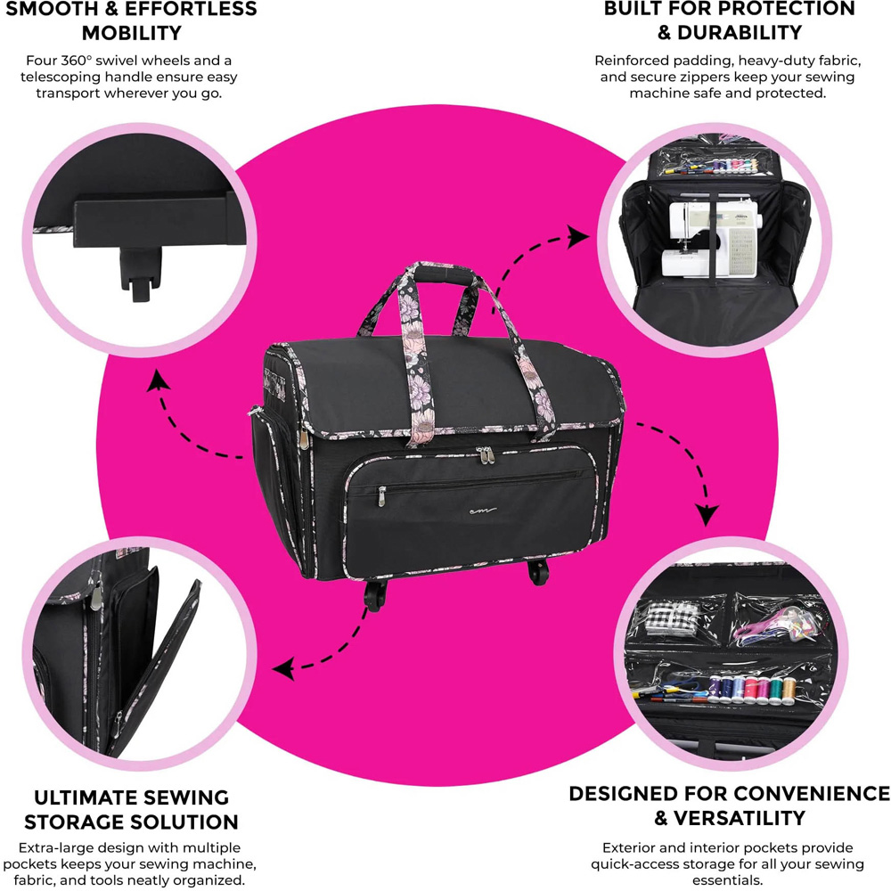 Everything Mary EVM14448-4 Black Floral Collapsible Rolling Sewing Machine Case 54 x 33 x 38cm Image 4
