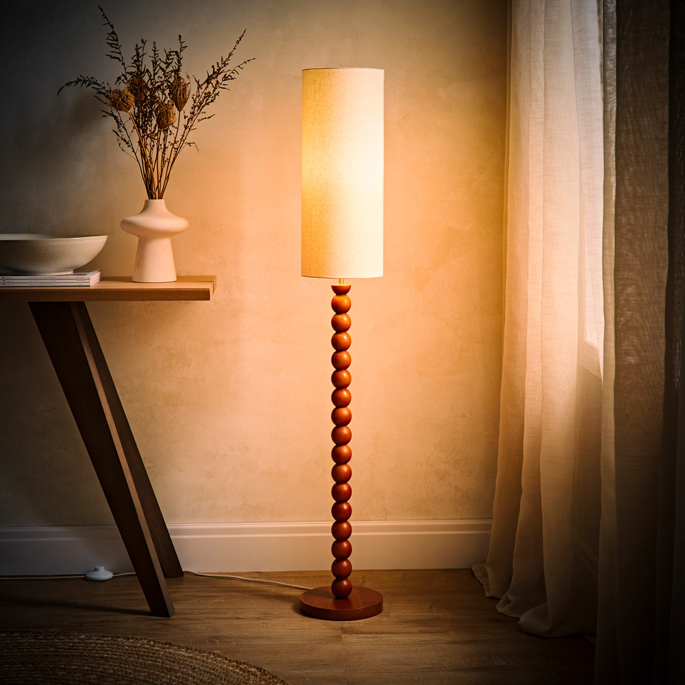 ValueLights Wyatt Natural Linen Tall Lamp Shade Walnut Wood Bobbin LED Floor Lamp Image 6