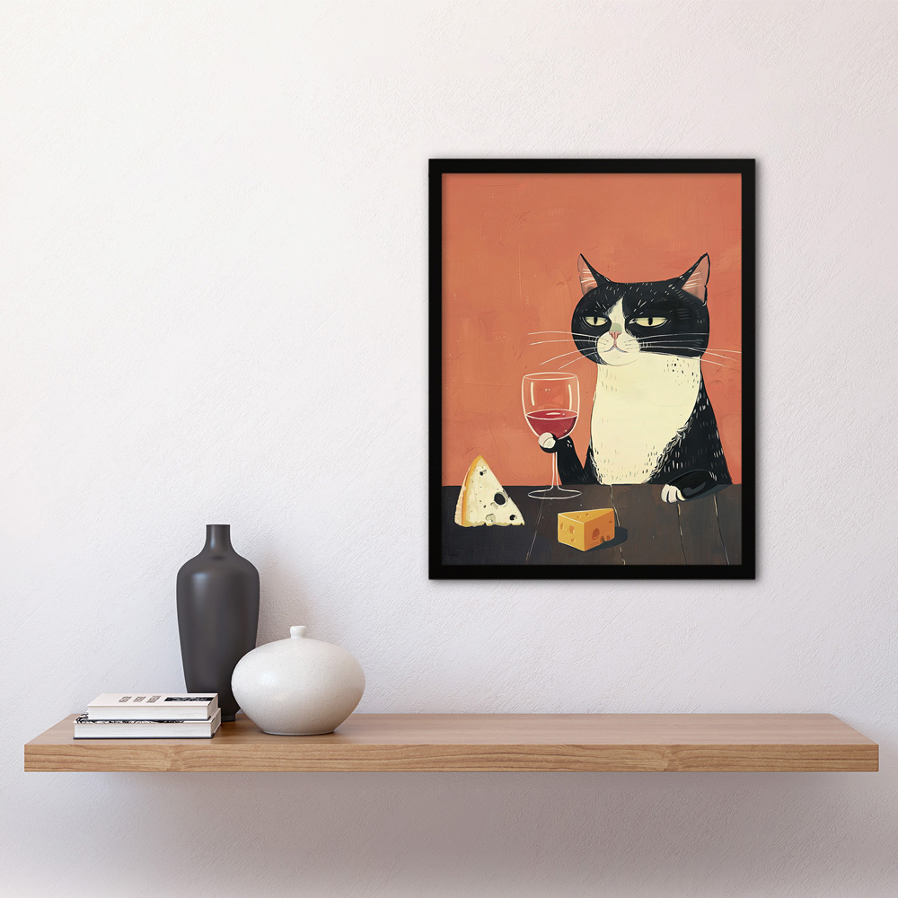 Artery8 Tuxedo Cat Drinking Wine Cheese Painting Framed Wall Art Print 30 x 41cm Image 2