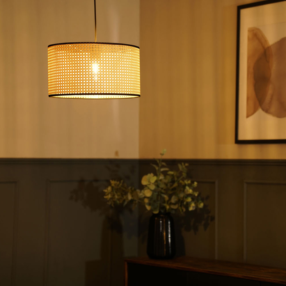 ValueLights Reni Natural Cane Black Trim Drum Ceiling Lamp Shade 35cm Image 3