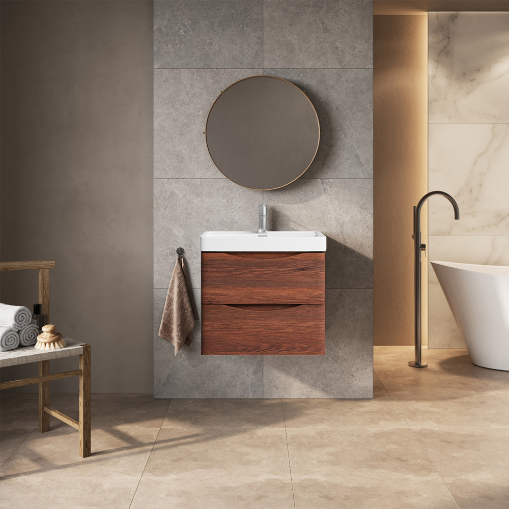Go Bathrooms 2 Drawer Oak Wall Hung Vanity Unit with Ceramic Basin 600mm Image 3