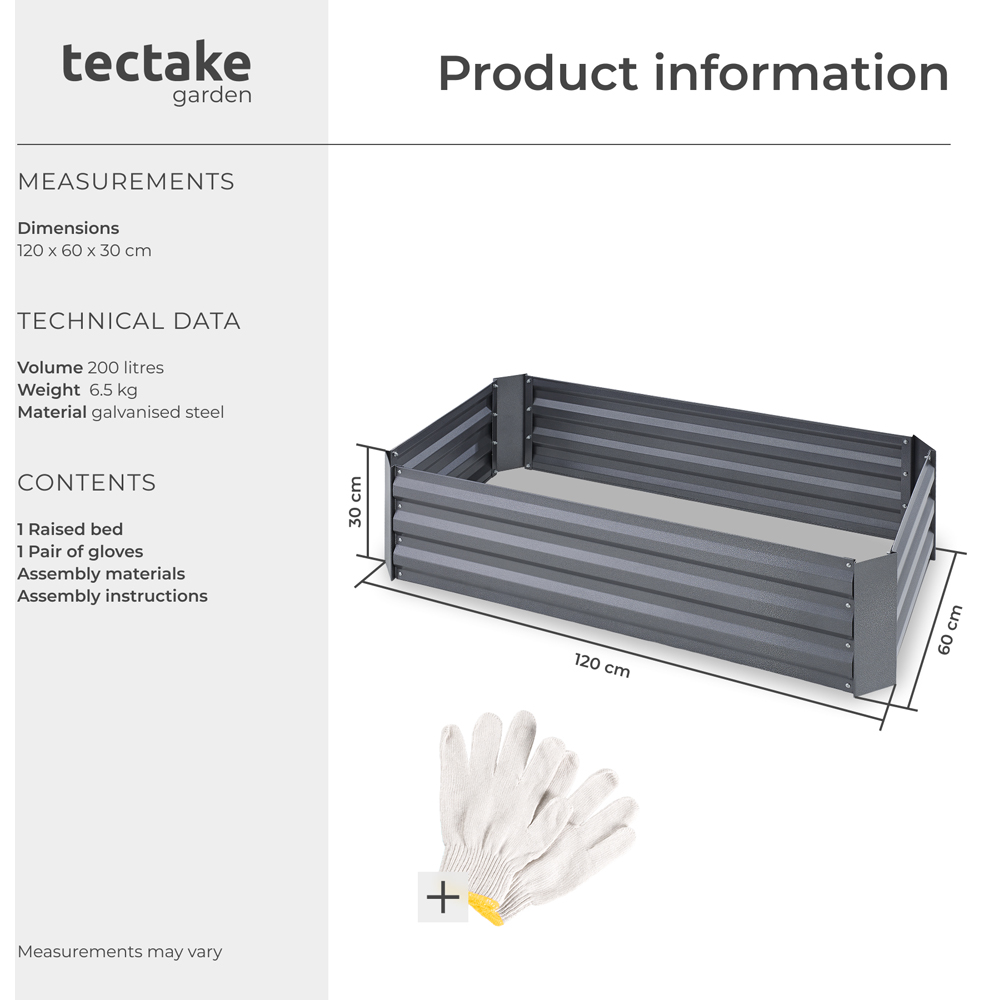 tectake 60 x 120cm Grey Galvanised Steel Raised Garden Bed Image 9