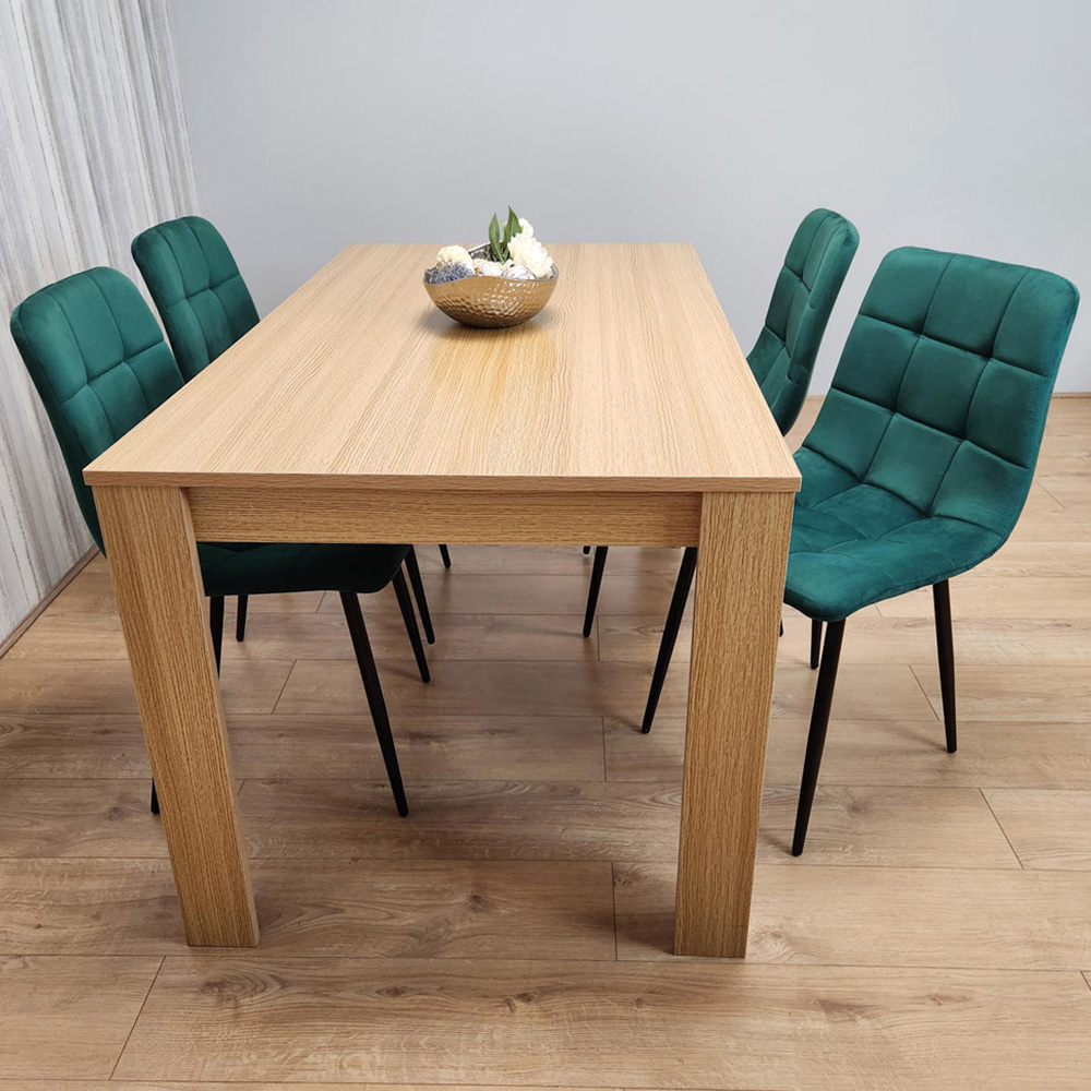 Portland 4 Seater Square Velvet Dining Set Oak Effect and Green Image 1