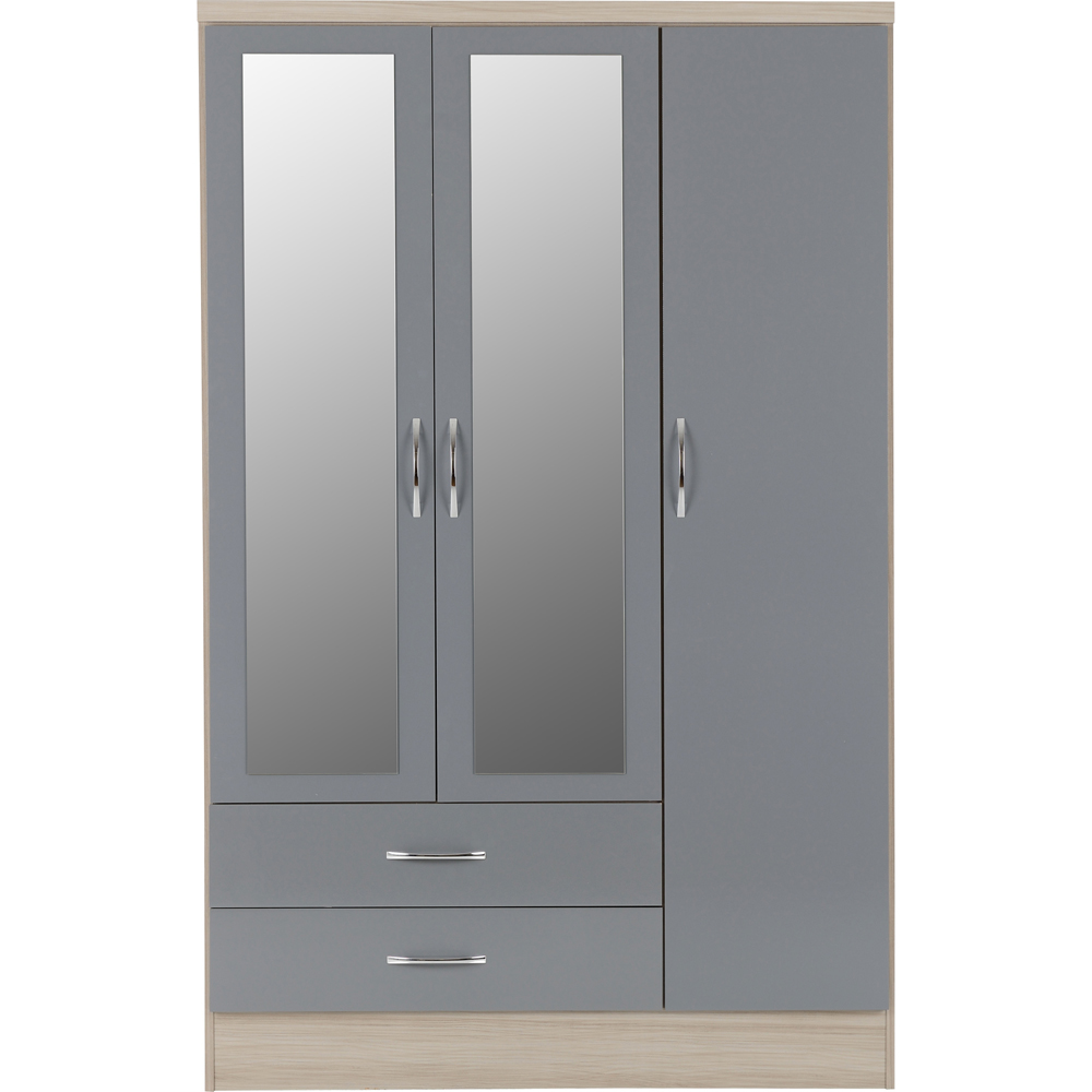 Seconique Nevada 3 Door 2 Drawer Grey Gloss and Light Oak Veneer Mirrored Wardrobe Image 3