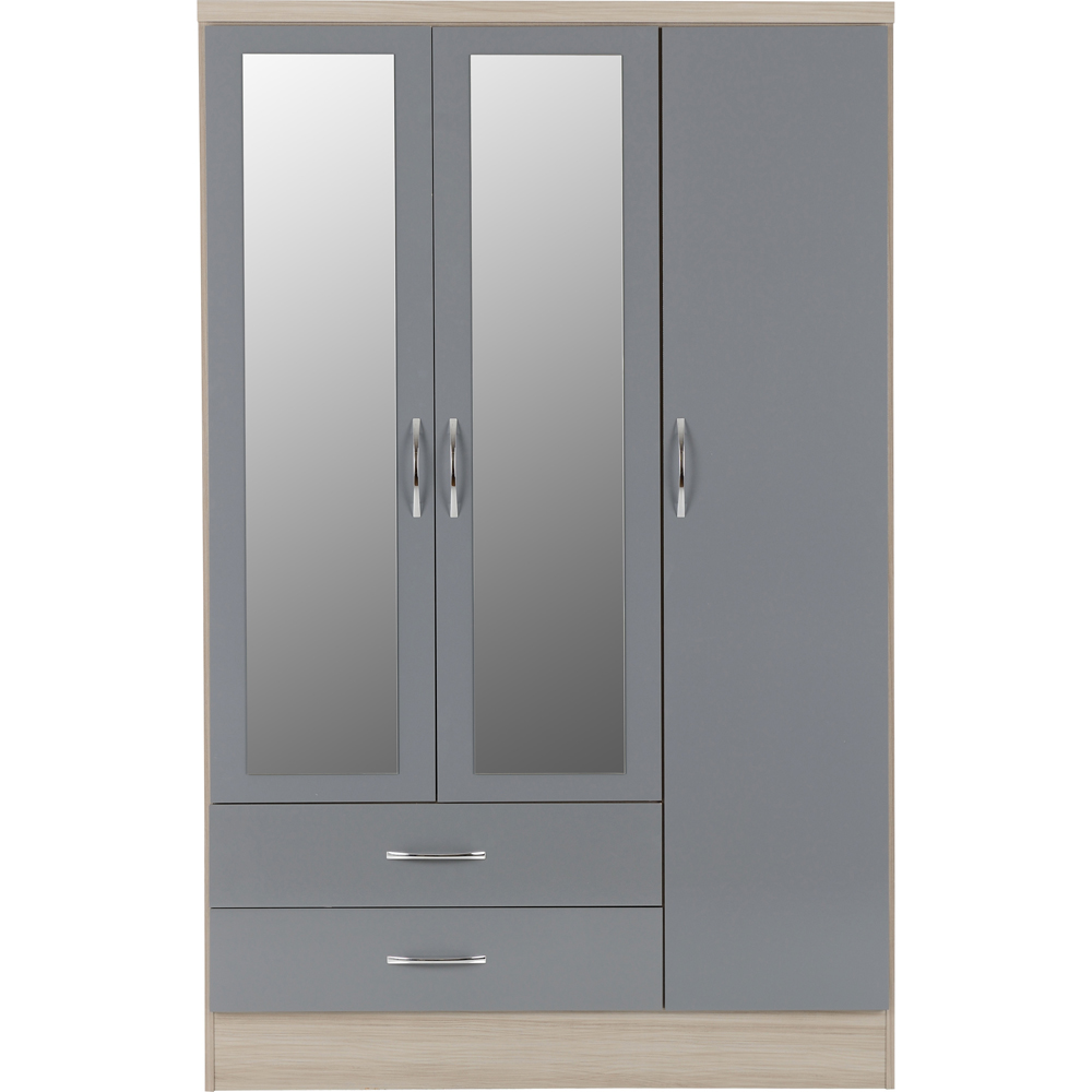 Seconique Nevada 3 Door 2 Drawer Grey Gloss and Light Oak Veneer Mirror Wardrobe Image 3