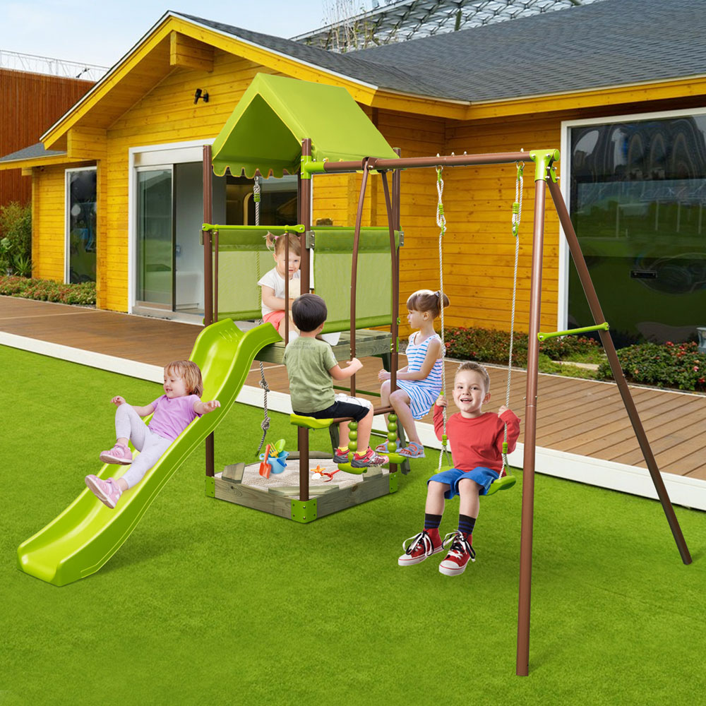 Costway 7 in 1 Green Metal Outdoor Swing Playset with Covered Fort Image 2