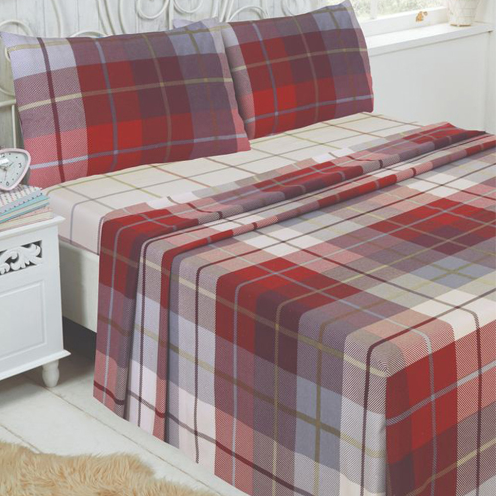 Serene Lomond Single Red Brushed Cotton Check Flannelette Fitted Bed Sheet Image 1