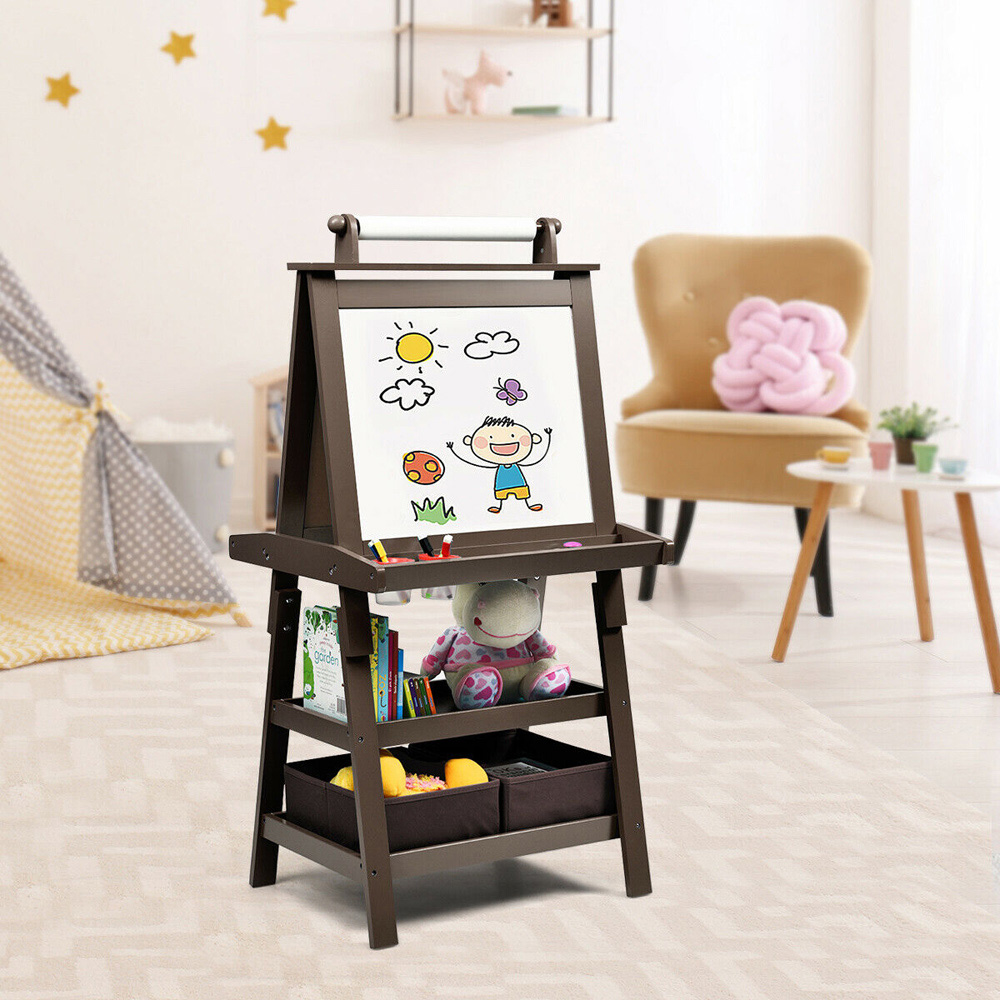 Costway Brown Double Sided Children Art Easel with Paper Roll Image 2