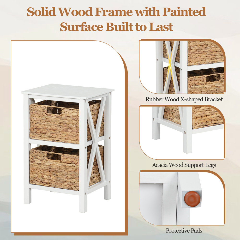 Costway 2 Shelf White Side Table with Seagrass Baskets Image 6