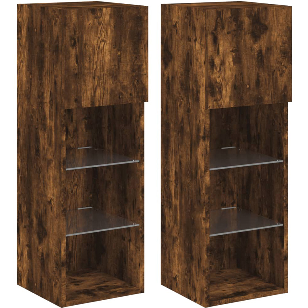 vidaXL Single Door 3 Shelf Smoked Oak Wooden TV Cabinet with LED Set of 2 Image 2