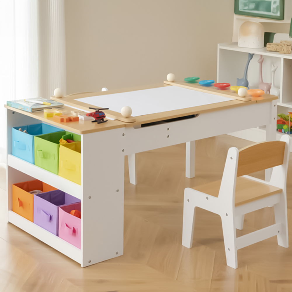 Costway 2 in 1 Natural Kids Art Easel Table and Chair Set Image 1