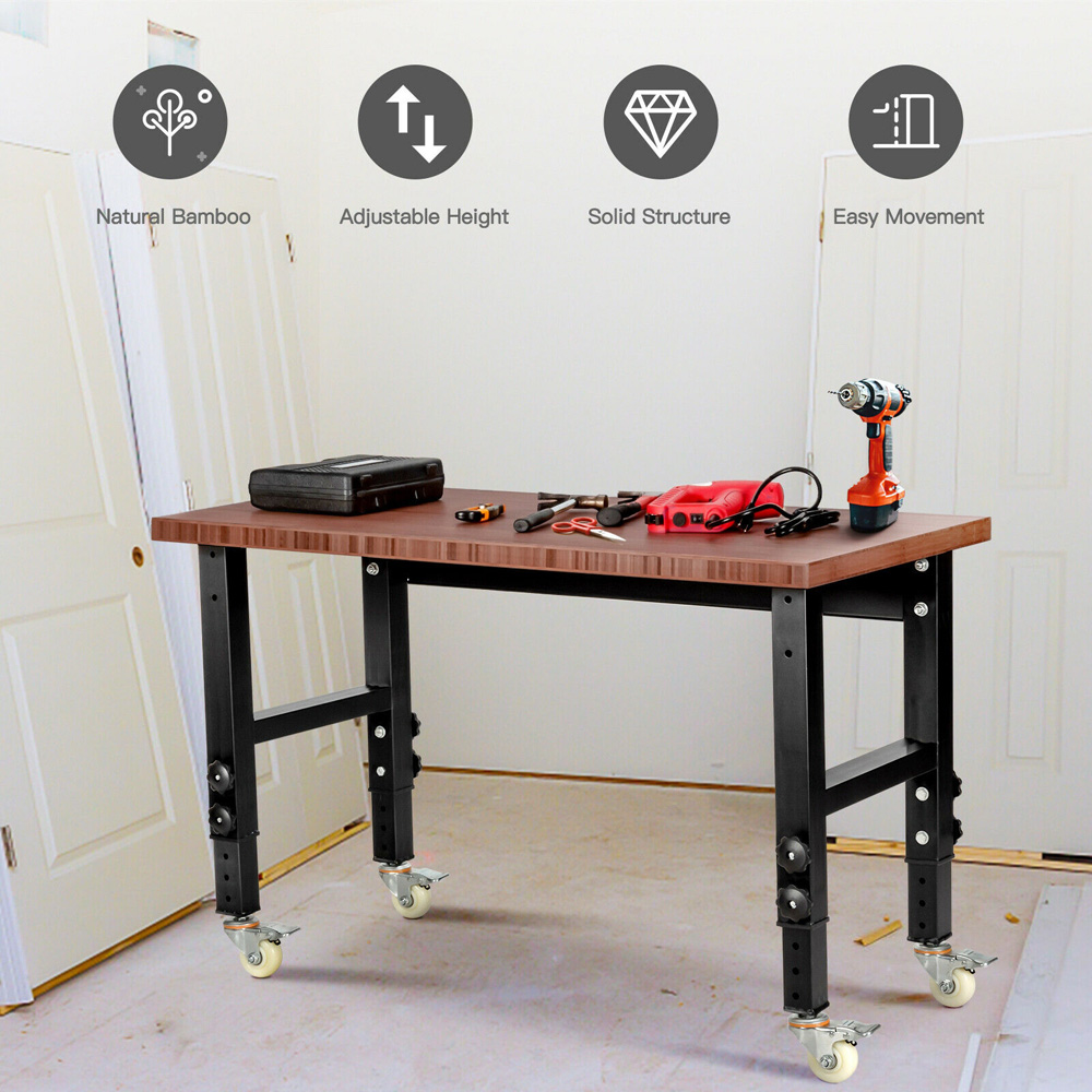 Costway Brown 10 Level Adjustable Workbench with 4 Lockable Casters Image 4