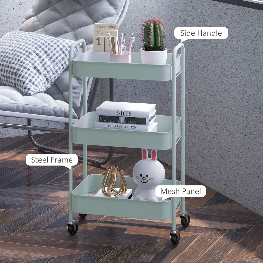 HOMCOM 3 Shelf Light Blue Rolling Utility Cart Image 7