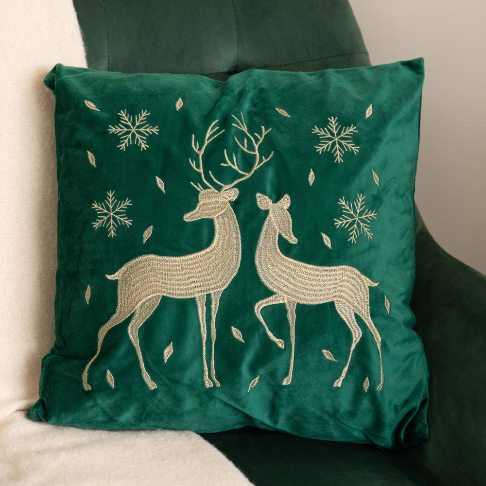 Samuel Alexander Emerald Green and Gold Reindeer Soft Christmas Cushion 44 x 44cm Image 2