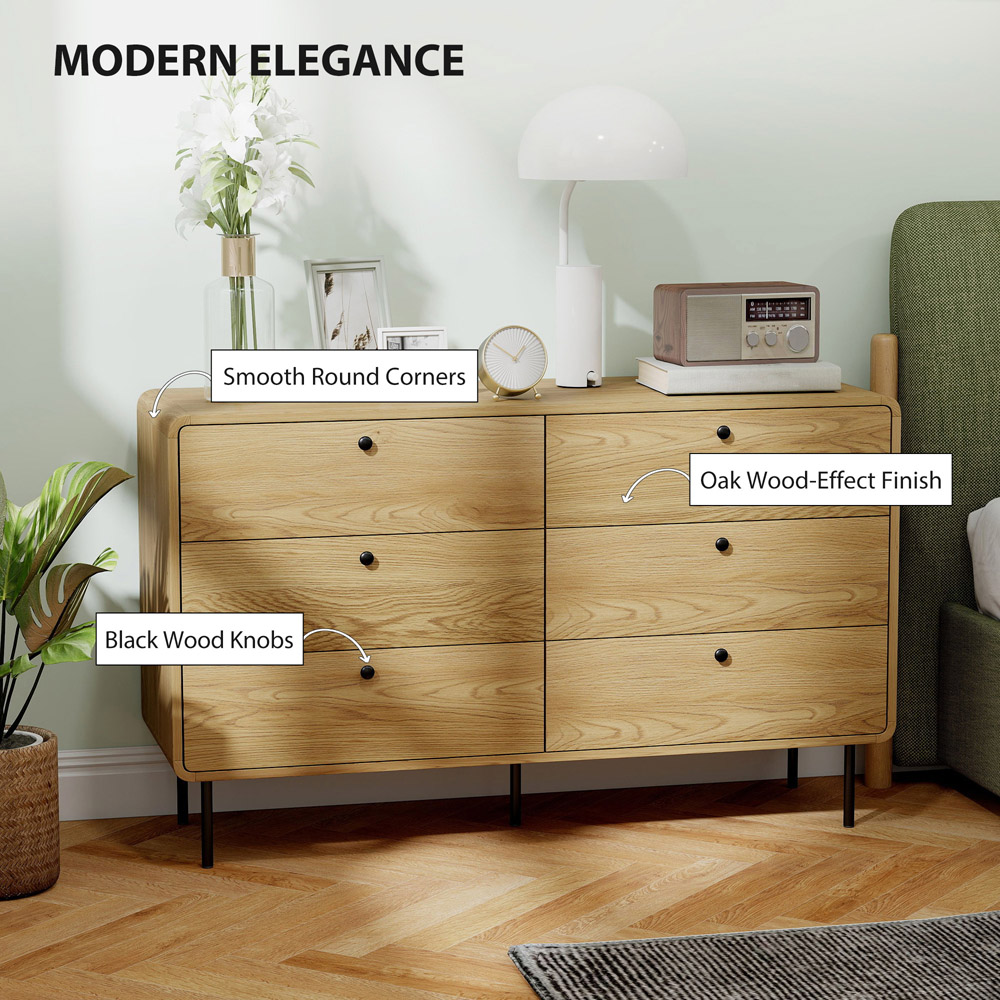 Portland 6 Drawer Oak Wide Chest of Drawers Image 6