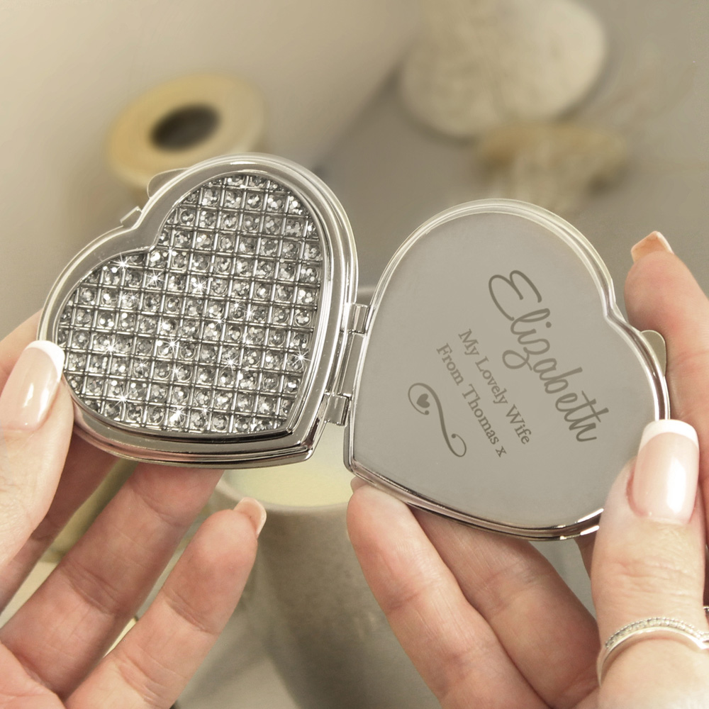 Personalised Memento Personalised Swirls and Hearts Diamante Heart Compact Mirror Image 3