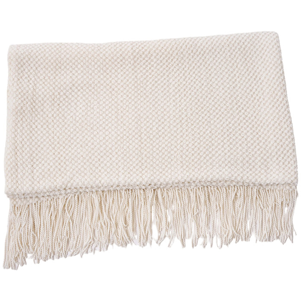 Living and Home Beige Popcorn Knit Throw Blanket with Tassels 130 x 170cm Image 1