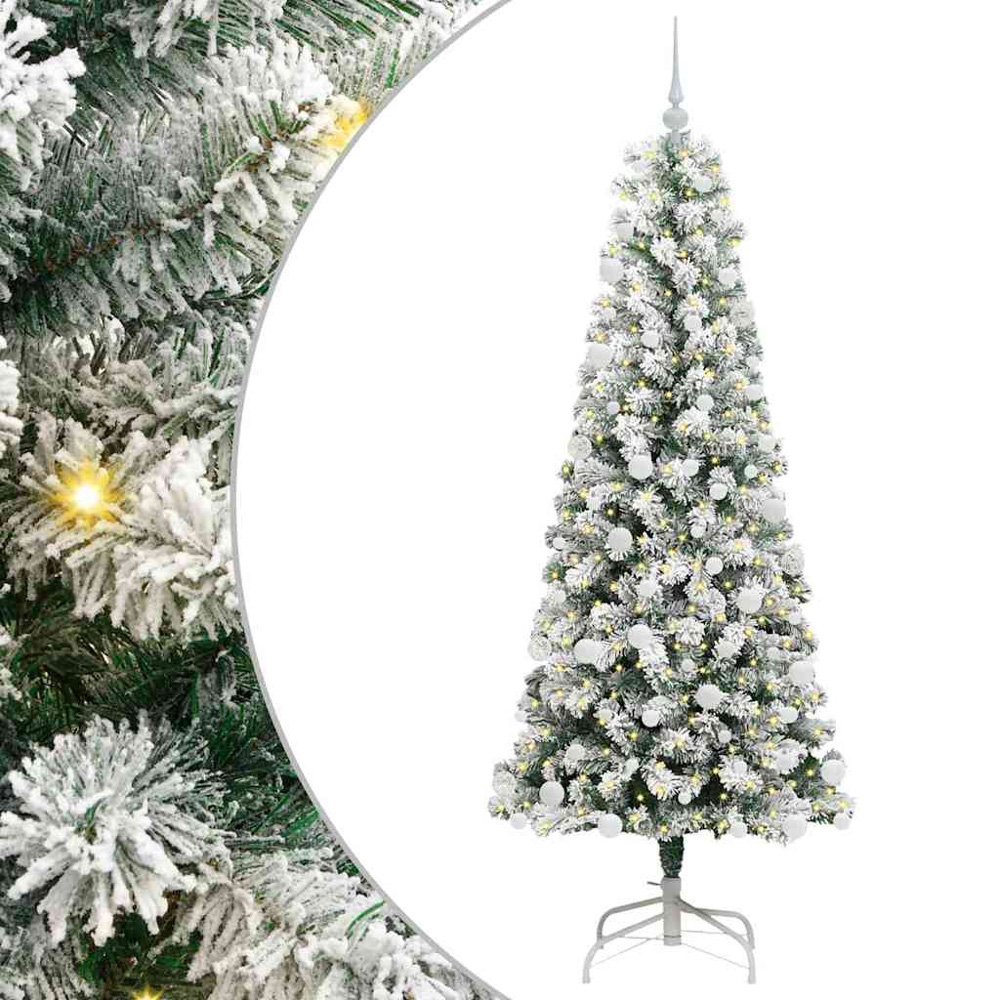 vidaXL Pre-Lit Warm White LED and White Baubles Snow Flocked Artificial Christmas Tree 6ft Image 2