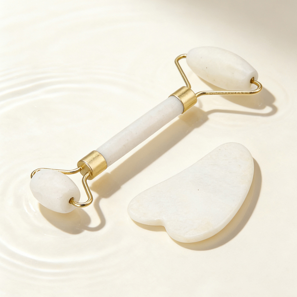 Living and Home White Facial Massage Gua Sha and Jade Roller Set Image 2