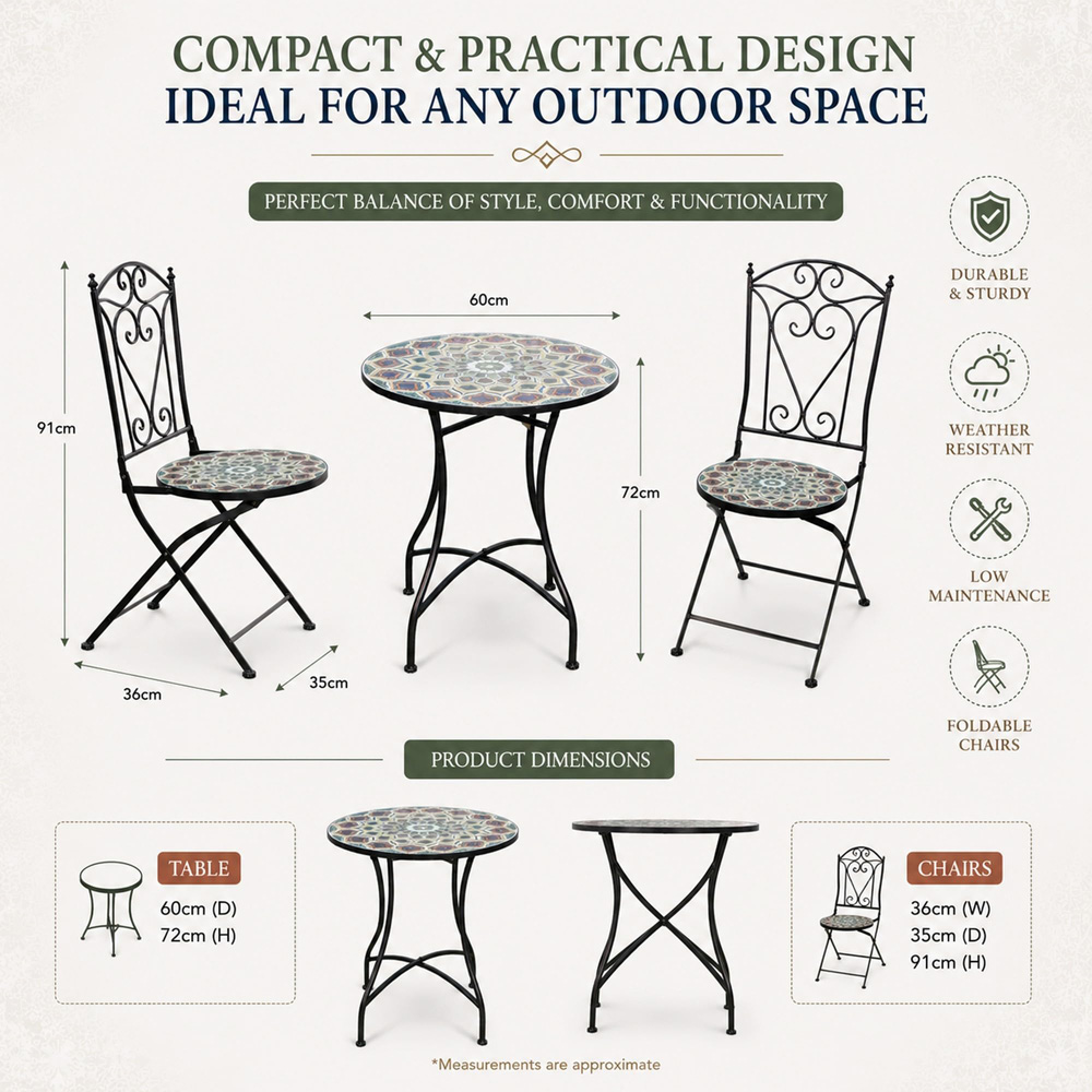 Shatchi Casablanca 2 Seater Mosaic Ceramic Tile Top Foldable Bistro Set Image 9