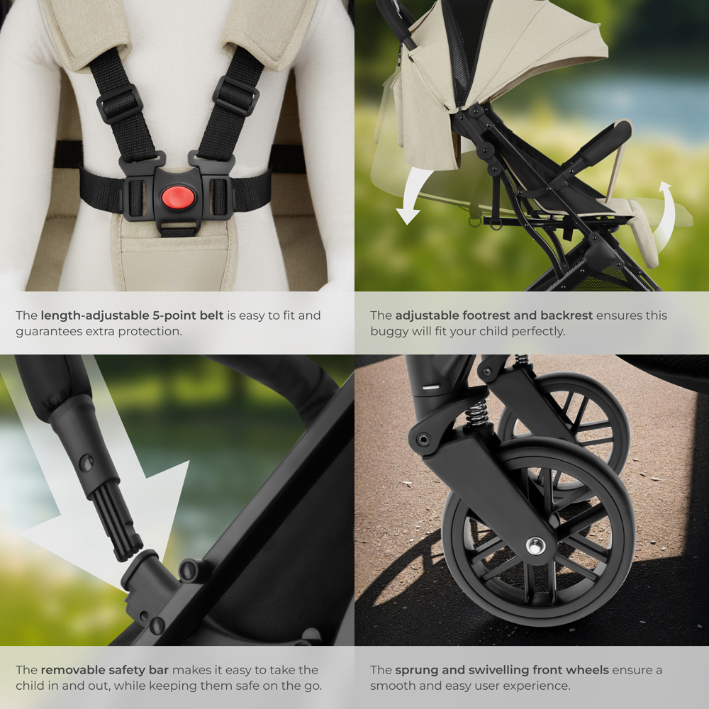 tectake Finn Grey and Beige Foldable Pushchair Stroller with 5 Point Harness Image 7