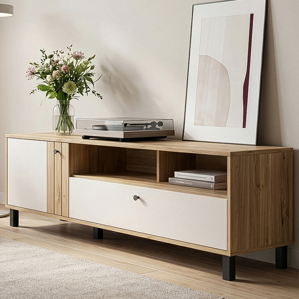 Florence Grafton Single Door Single Drawer 2 Shelf Cream and Oak TV Unit Image 1