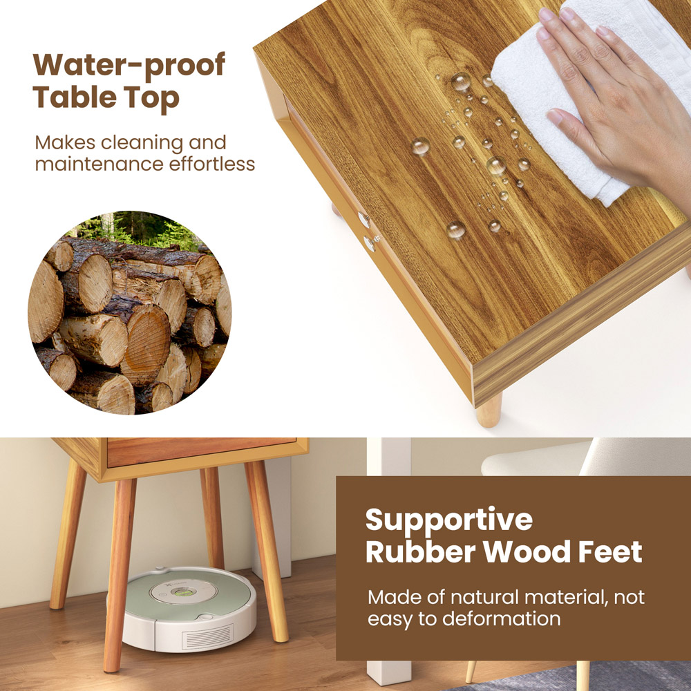 Costway 2 Drawer Natural Rubber Wood Legs Bedside Table Image 5