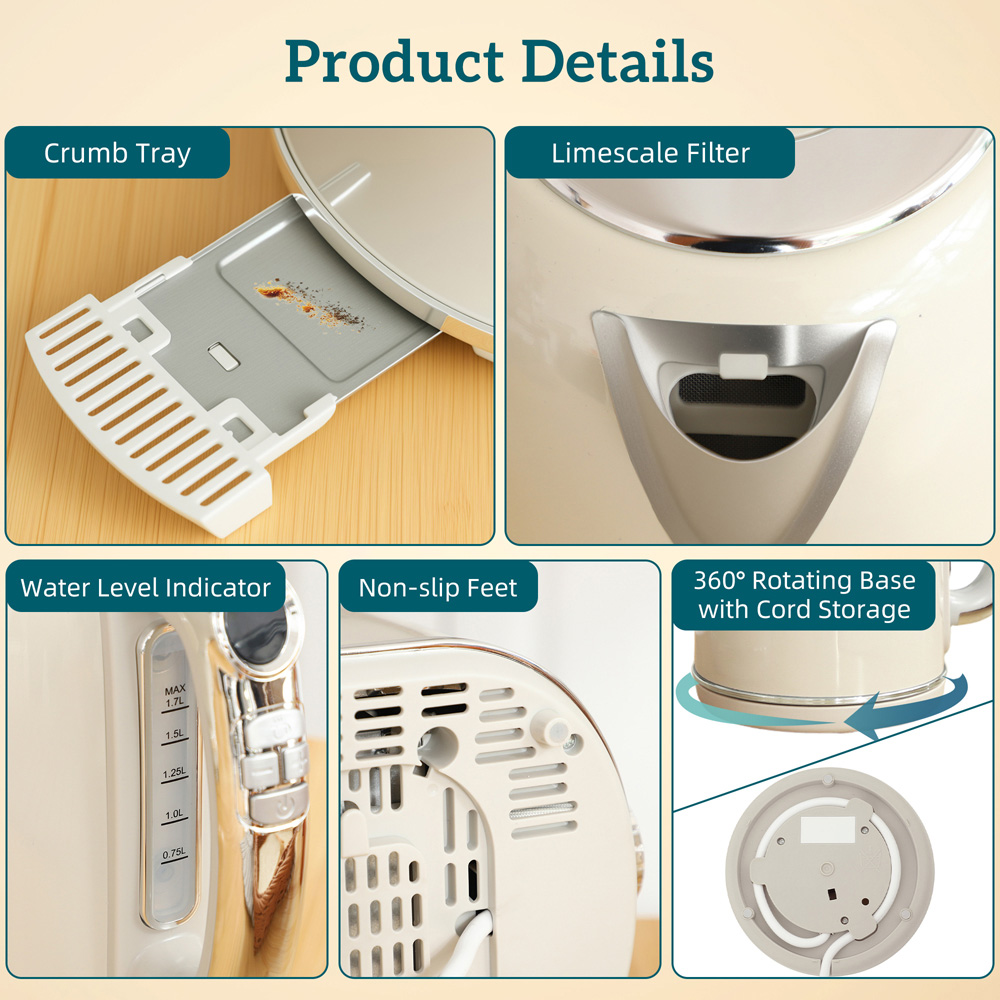HOMCOM 800-286V70CW Cream Retro Digital 1.7L Kettle and 2 Slice Toaster Set 3000W Image 3