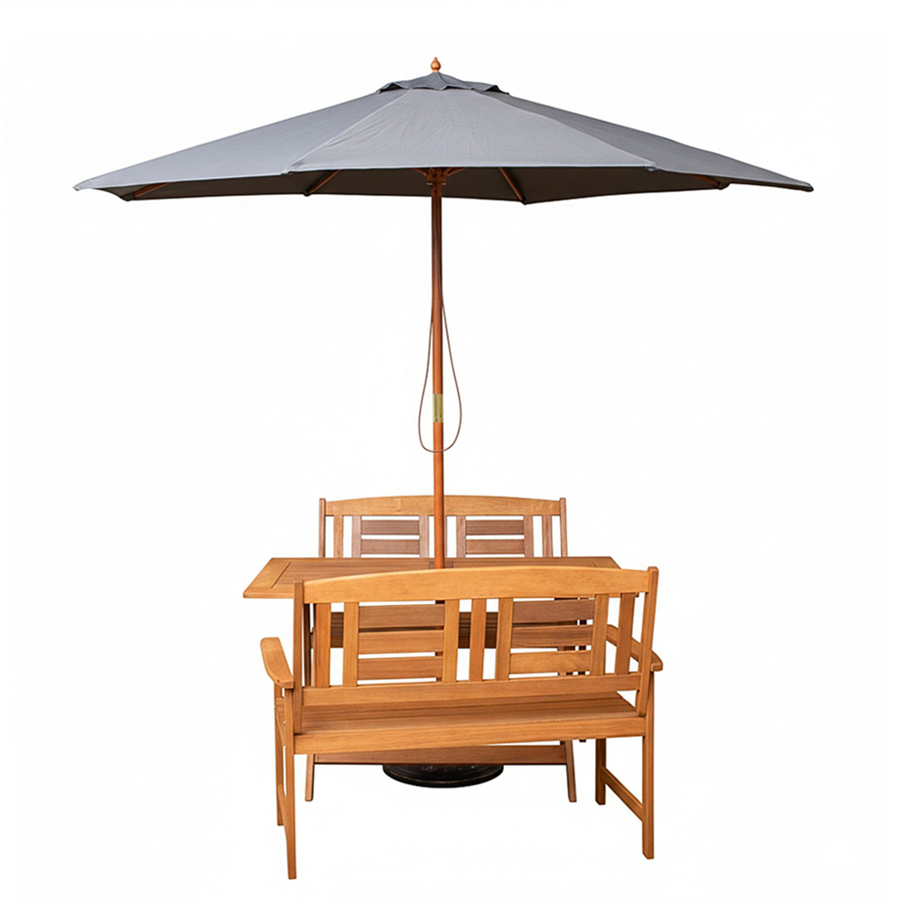 Samuel Alexander 4 Seater Wooden Rectangular Foldable Dining Bench Set with Grey Parasol and Base Image 2
