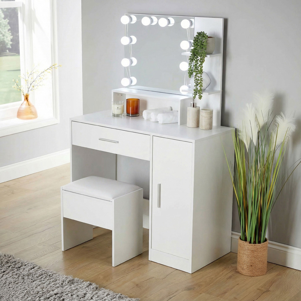 Home Source Sophie Single Door Single Drawer White Hollywood Dressing Table Set with LED Mirror Image 2