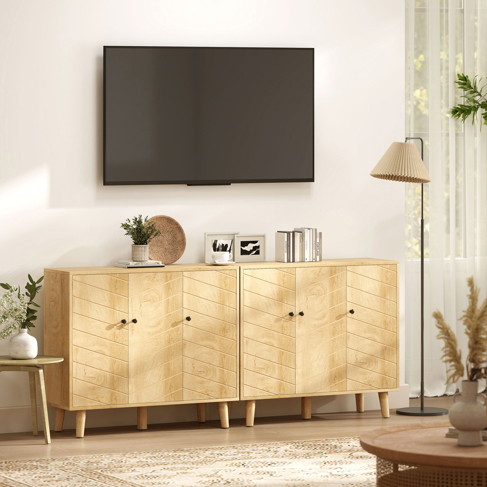 Portland 3 Door Natural Wood Finish Vintage Chevron Sideboard Image 4