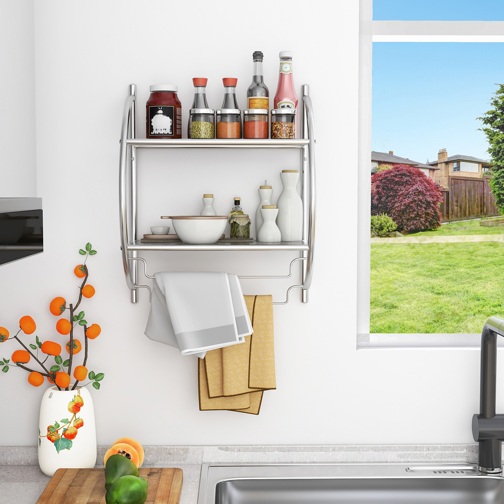 Costway 2 Shelf Silver Wall Mounted Bathroom Unit with Towel Holder Image 4