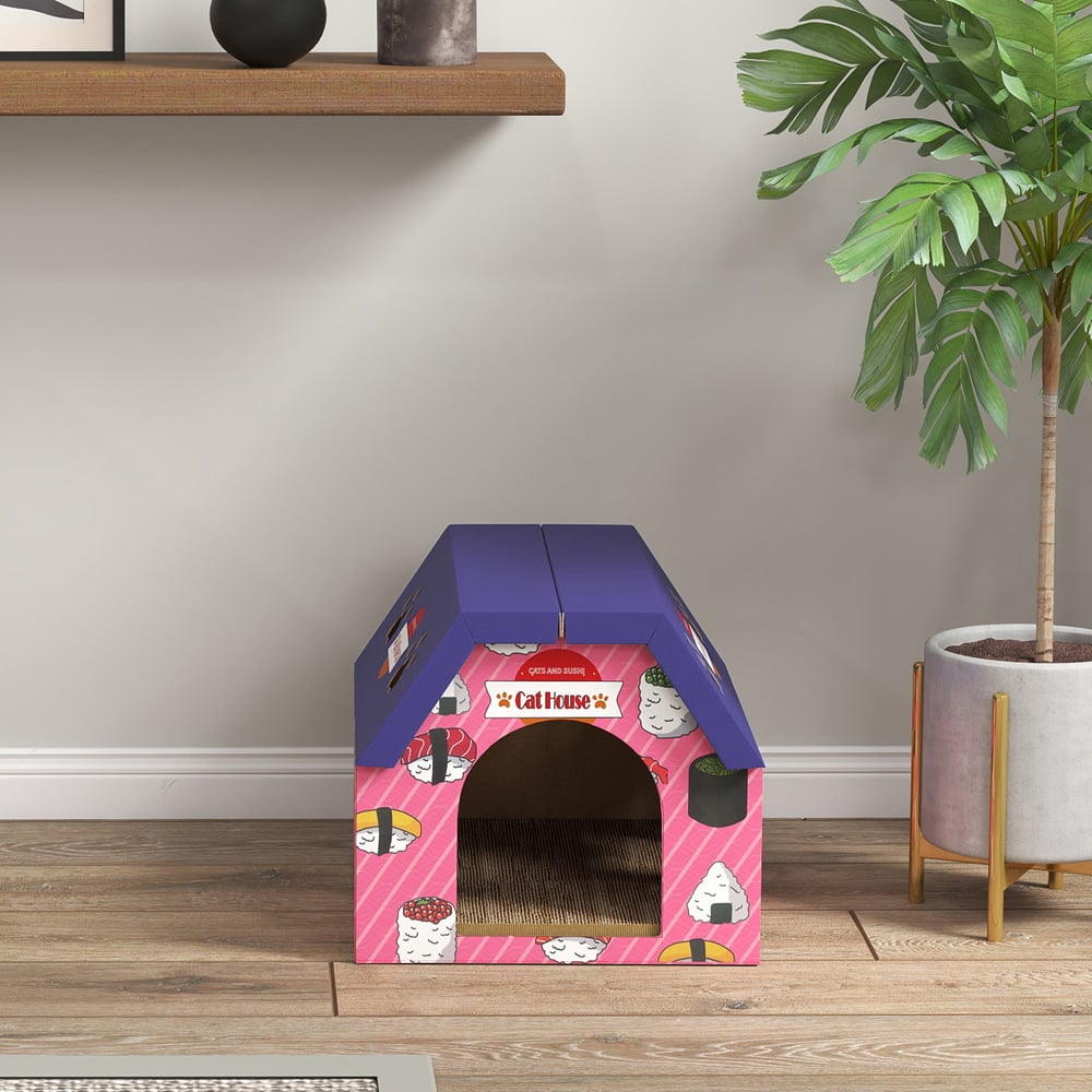 PawHut 2-in-1 Pink Cat Scratching Board House Image 4