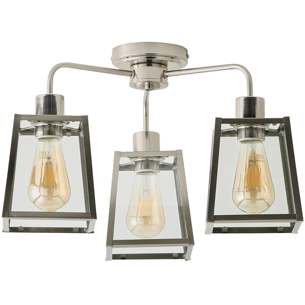 ValueLights Susie 3 Arm Lantern Shade Brushed Chrome Glass Ceiling Light with Bulb Image 1