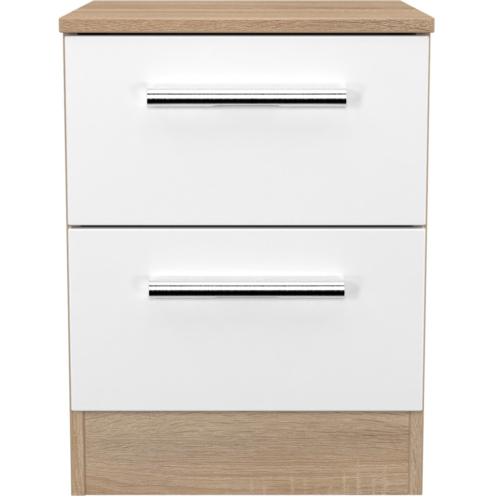 Crowndale Contrast 2 Drawer White Matt and Bardolino Oak Compact Bedside Cabinet Ready Assembled Image 2