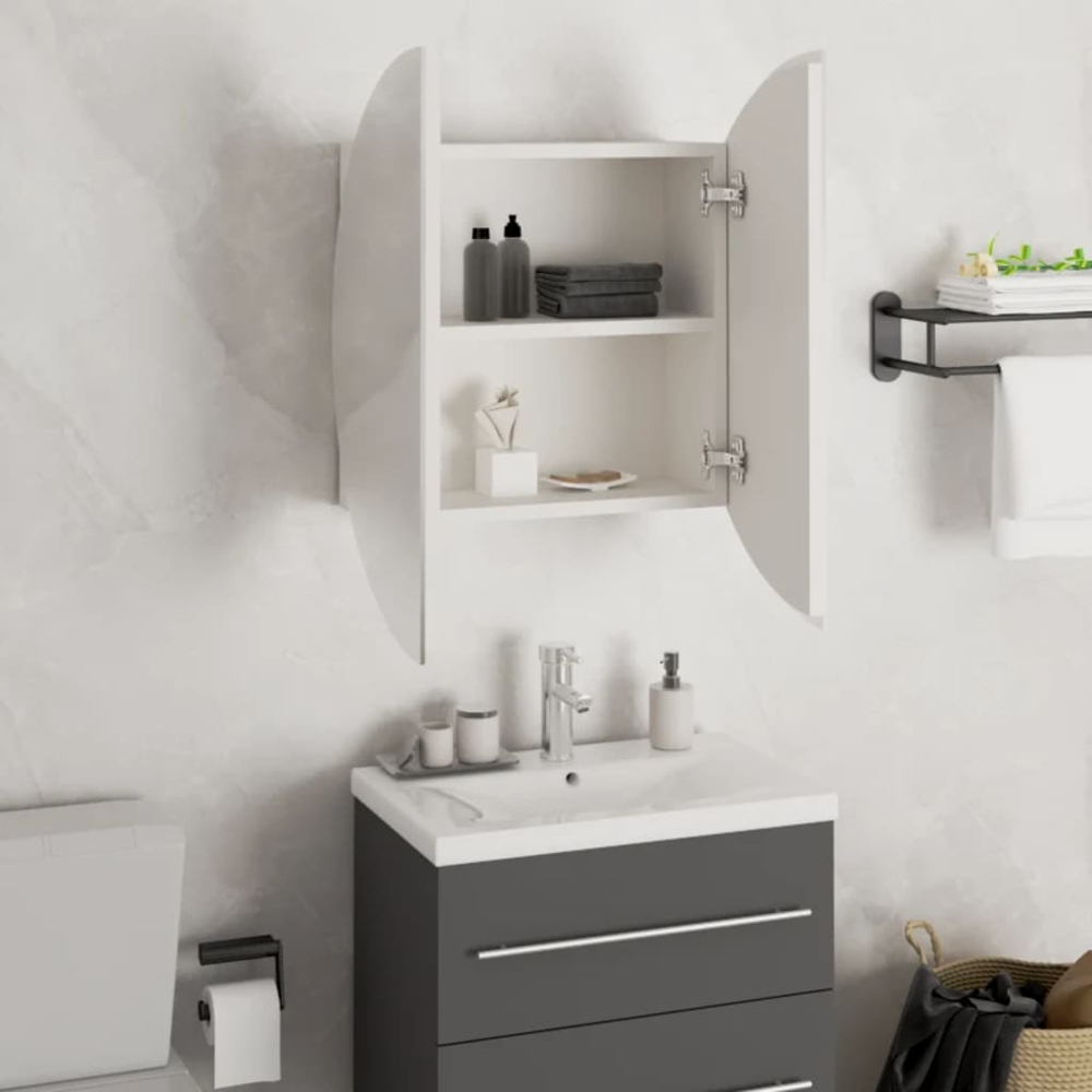 vidaXL 2 Door White Wooden Round Mirror Bathroom Cabinet Image 4