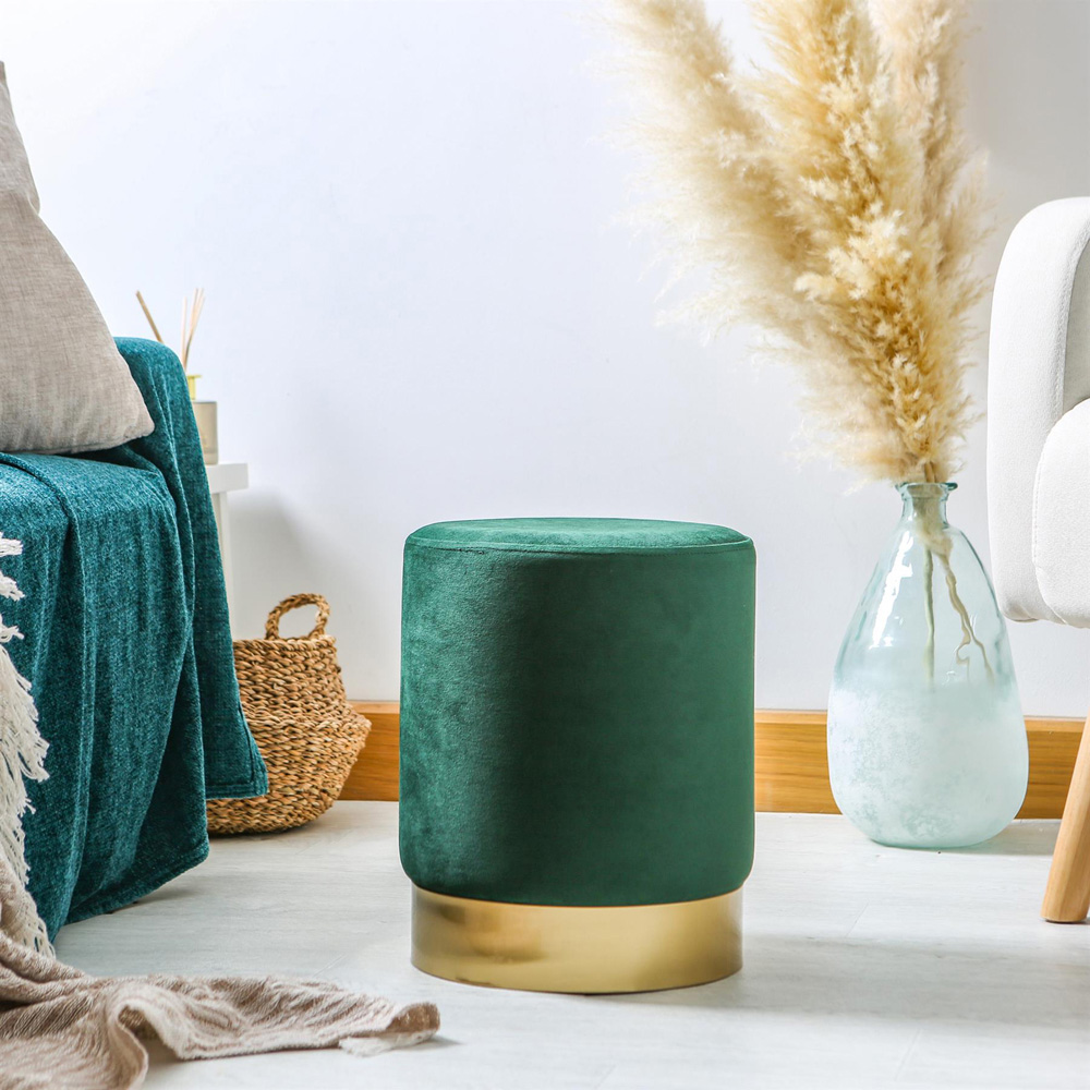 Harbour Housewares Green Velvet Round Pouffe Image 4