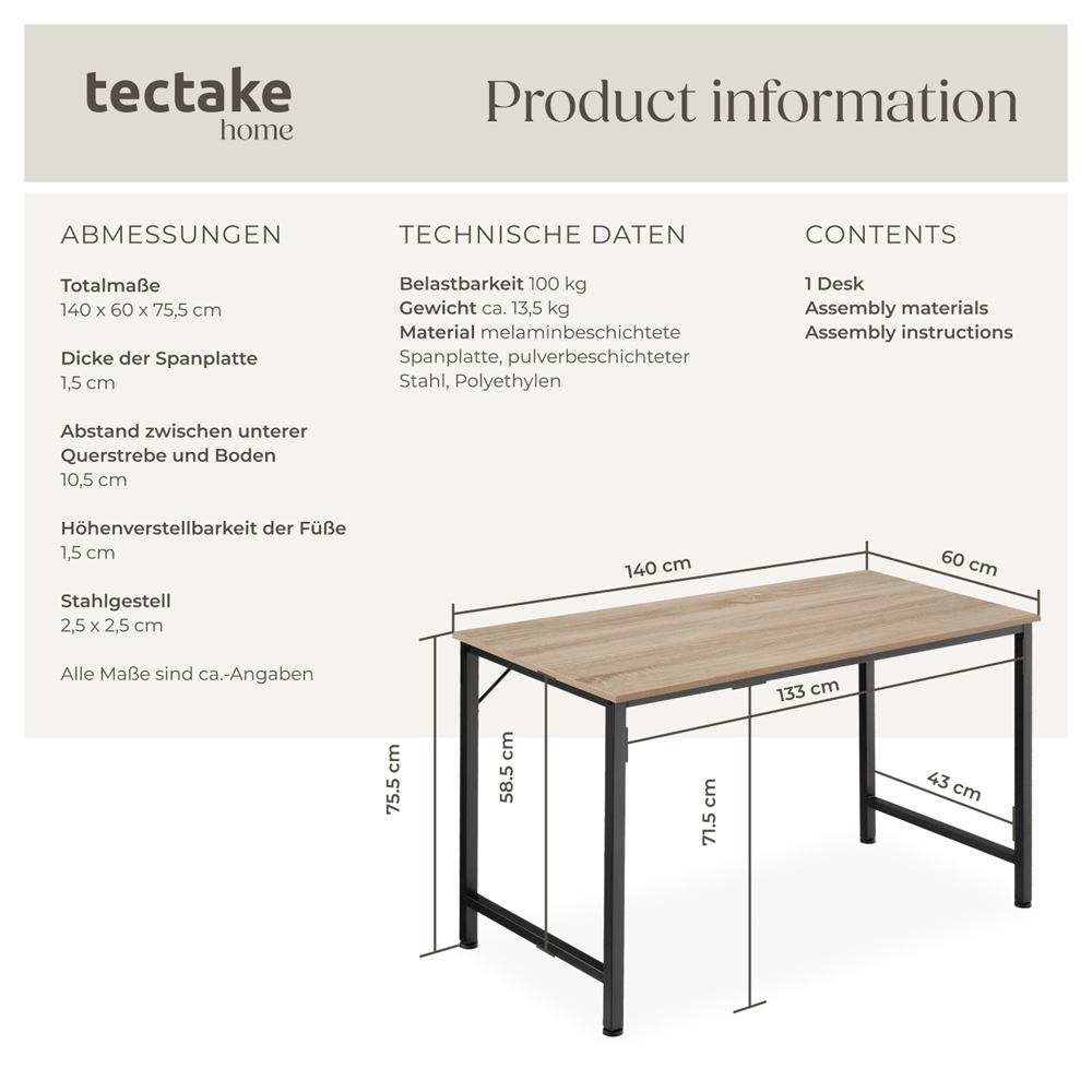 Tectake Jenkins Industrial Wood Study Desk Oak Sonoma 140cm Image 8