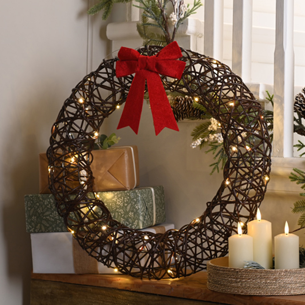 Festive Warm White LED Christmas Wreath with Red Bow 50cm Image 1