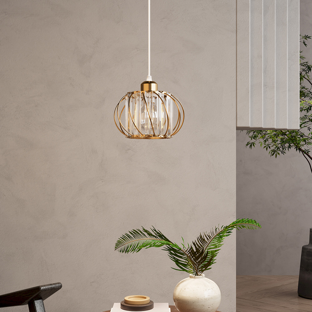 Living and Home Gold Iron Cage Glass Panels E27 Pendant Light Image 7