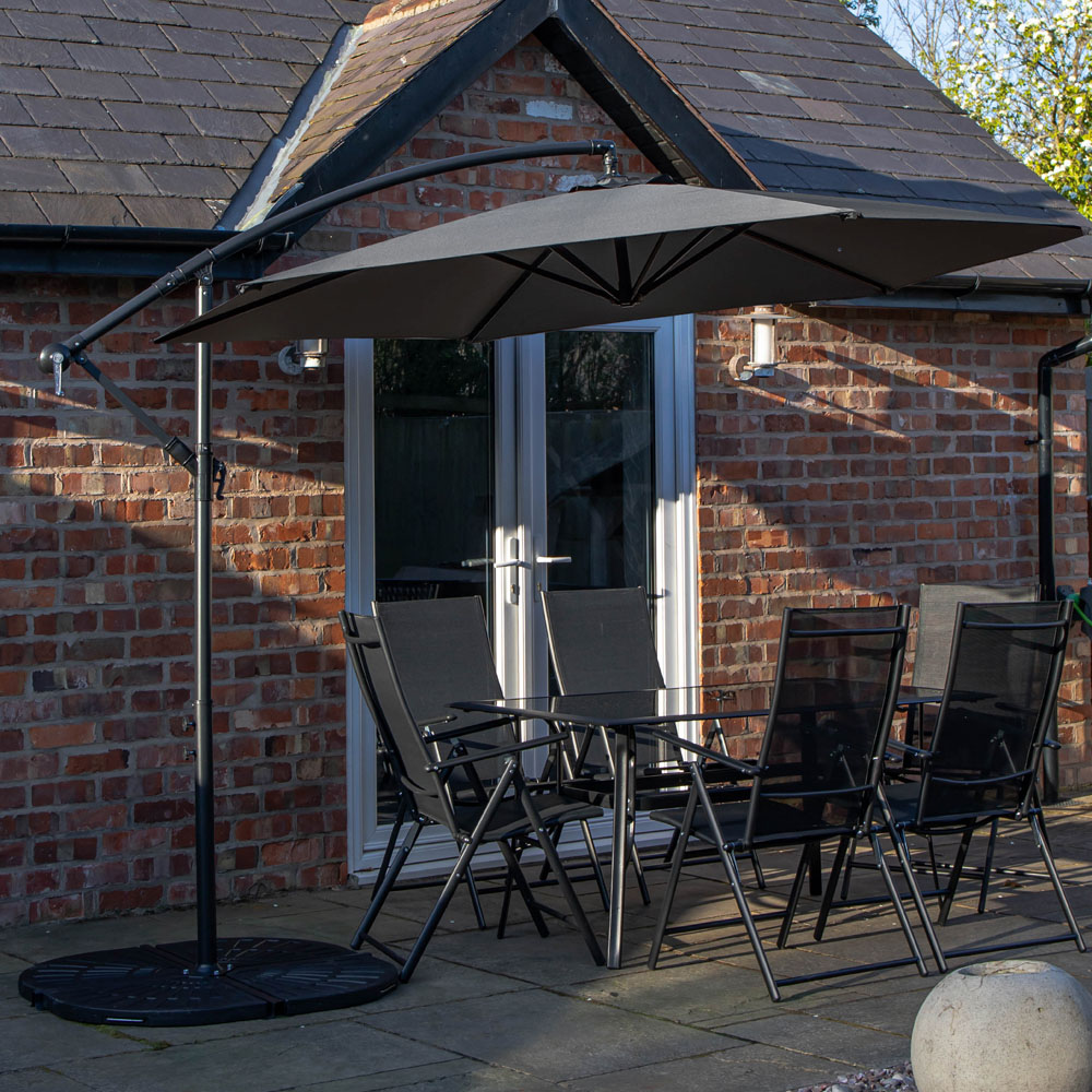 Samuel Alexander 6 Seater Rectangular Outdoor Dining Set with Grey Banana Parasol and Base Image 1
