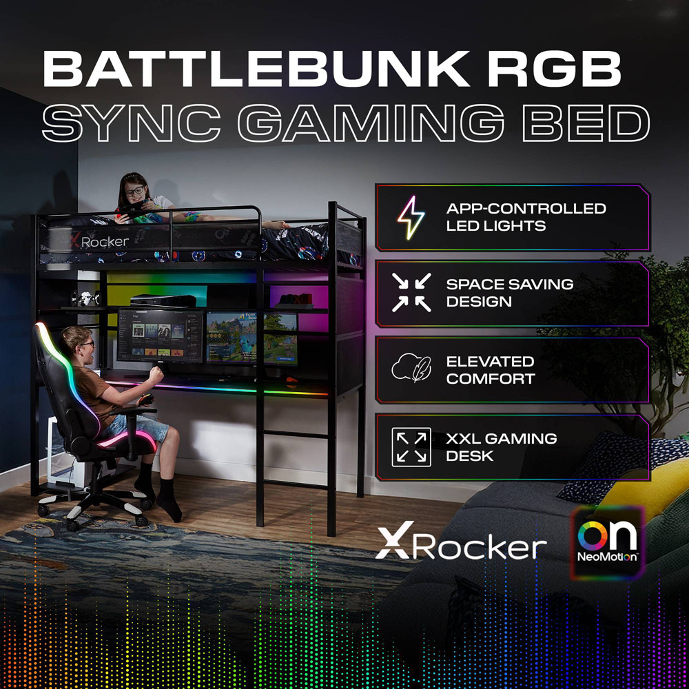 X Rocker Battlebunk Black High Sleeper Gaming Bed with App Controlled LED Lights Image 2