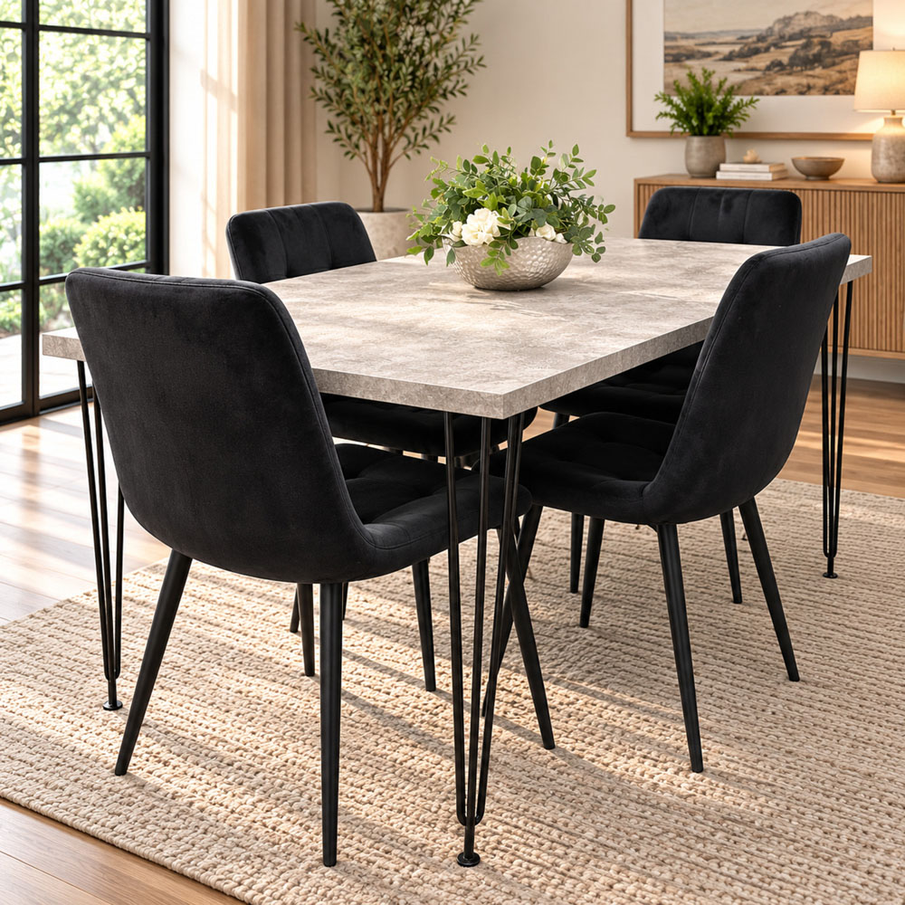 Kosy Koala 4 Seater Wood and Velvet Tufted Dining Set Grey and Black Image 1