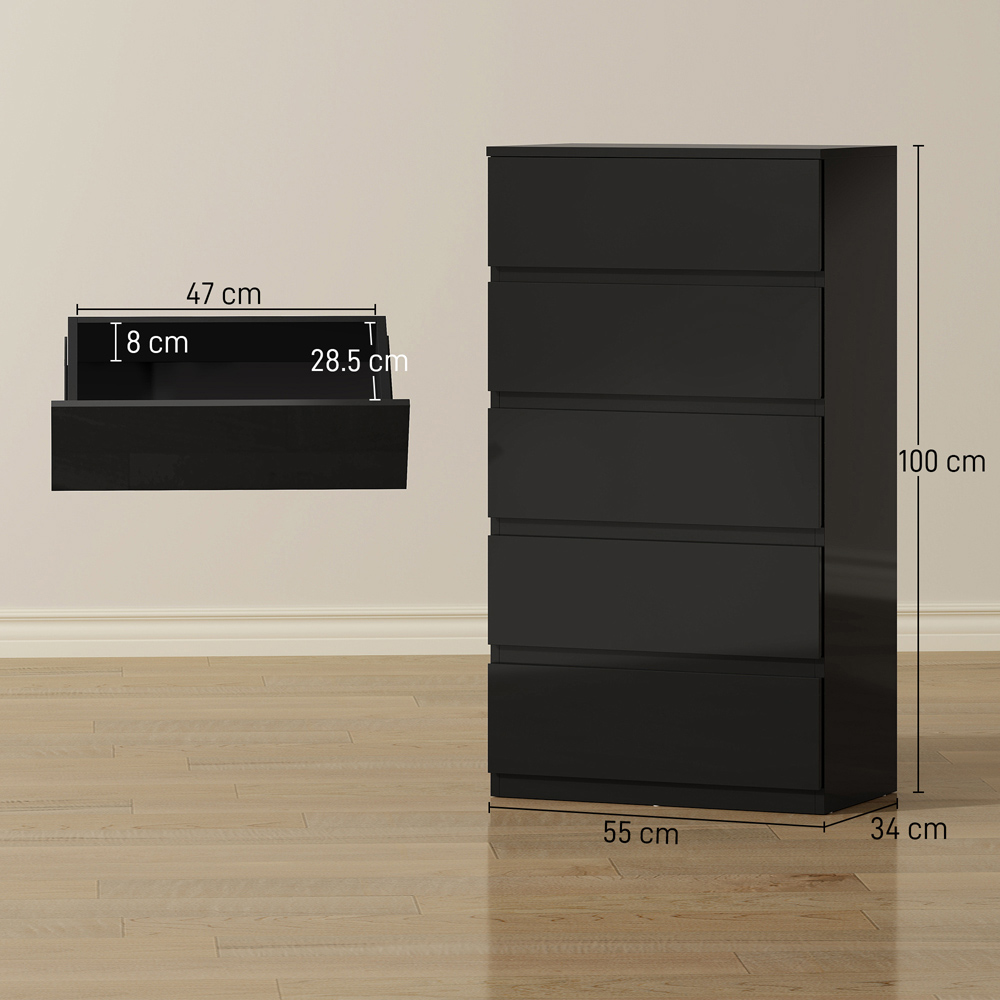 Portland 5 Drawer High Gloss Black Chest of Drawers Image 9