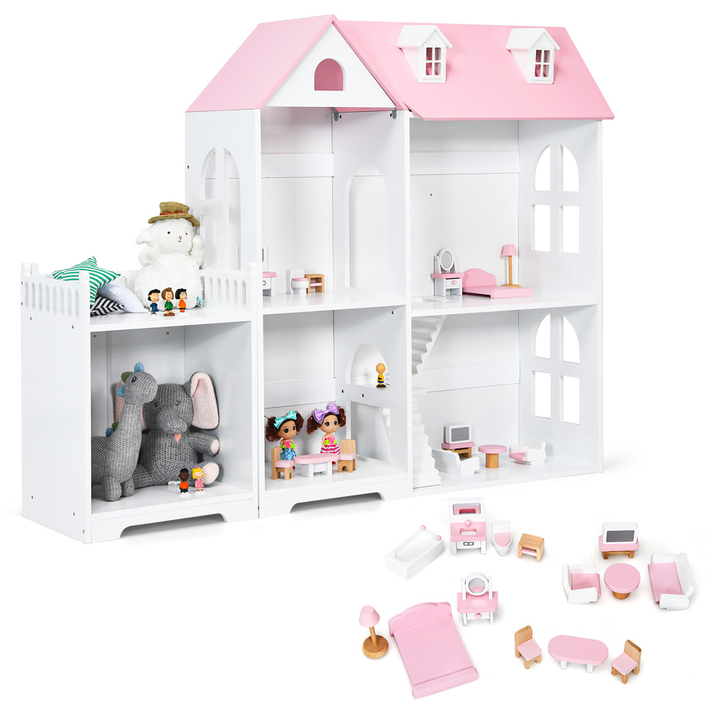 Costway Pink Large Wooden Dolls House Image 1