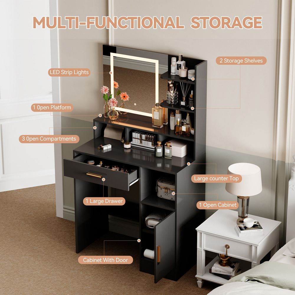 Brooklyn Truro Single Door Single Drawer 7 Shelf Black Adjustable Dressing Table with LED Mirror Image 4